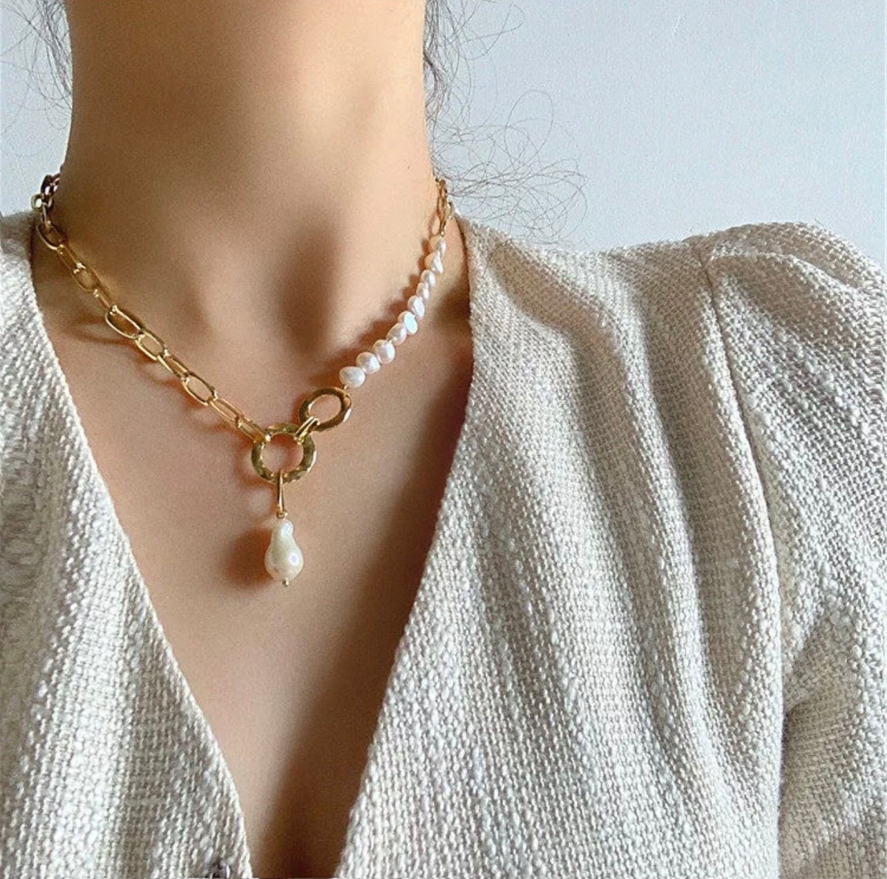 Elegant Freshwater Pearl Chain Necklace Etsy