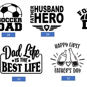 May include: A collection of 10 black and white graphic designs for Father's Day. The designs include text such as "Reel Great Dad", "Soccer Dad", "Husband Hero", "Football Dad", "Dad Joke", "Dad Life is the Best Life", "Happy First Father's Day", and "Daddyosaurus".