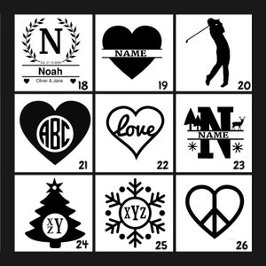 May include: A grid of 9 black and white images showing different design options for a personalized monogram. The designs include a heart with a monogram, a tree with a monogram, a snowflake with a monogram, a golfer, a heart with the word "love", a heart with the word "name", a heart with a peace sign, a letter "N" with a deer and trees, and a letter "N" with a wreath.