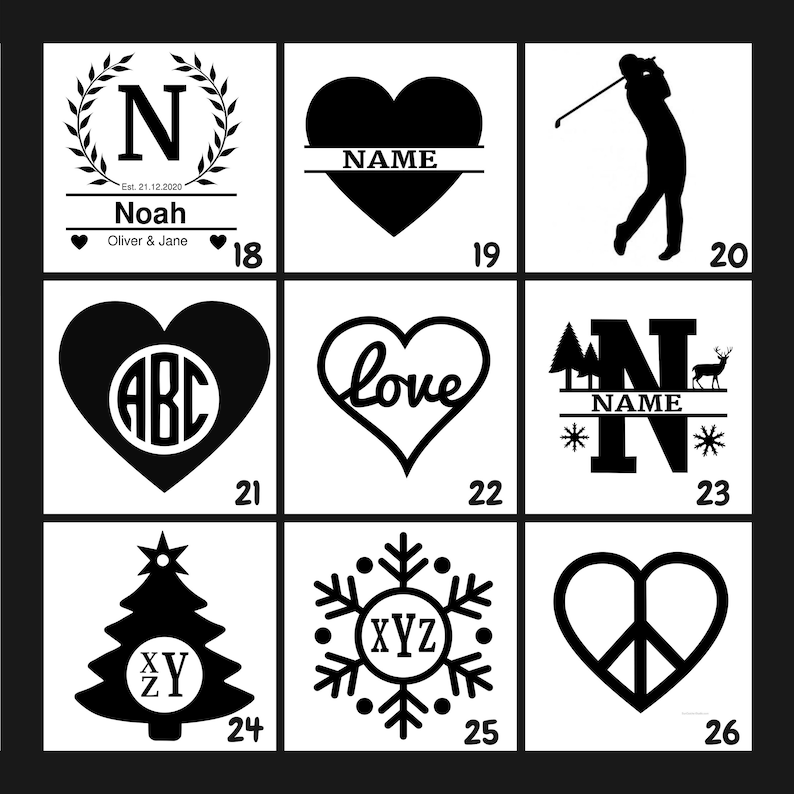 May include: A grid of 9 black and white images showing different design options for a personalized monogram. The designs include a heart with a monogram, a tree with a monogram, a snowflake with a monogram, a golfer, a heart with the word "love", a heart with the word "name", a heart with a peace sign, a letter "N" with a deer and trees, and a letter "N" with a wreath.
