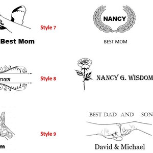 May include: A collection of 10 different styles of memorial plaques. The plaques feature various designs, including a wreath, a rose, hands forming a heart, and a decorative border. The text on the plaques includes "Best Mom Ever", "Nancy", "Nancy G. Wisdom", "Daughter and Best Mom", "Best Dad and Son", "David & Michael", and "Mom".