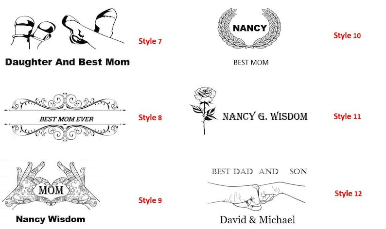 May include: A collection of 10 different styles of memorial plaques. The plaques feature various designs, including a wreath, a rose, hands forming a heart, and a decorative border. The text on the plaques includes "Best Mom Ever", "Nancy", "Nancy G. Wisdom", "Daughter and Best Mom", "Best Dad and Son", "David & Michael", and "Mom".