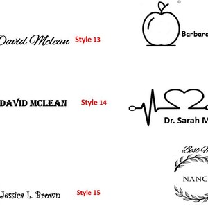 May include: A collection of 10 different teacher appreciation gift ideas featuring various designs with an apple theme. The designs include a book, a heart with a stethoscope, a wreath, and a teacher's apple. The text on the designs includes "World's Best Teacher", "Best Mom", "Best Teacher", "David McLean", "DAVID MCLEAN", "Barbara McLean", "Dr. Sarah Miller", "Nancy", and "Jessica L. Brown".