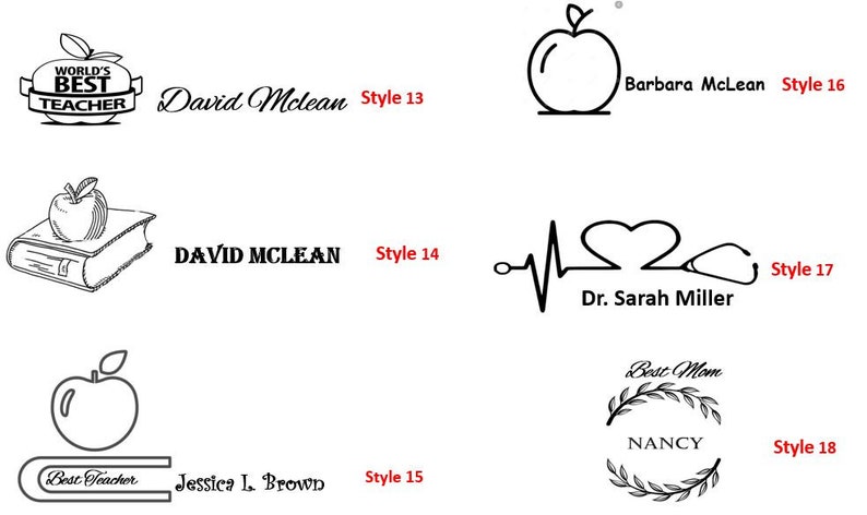 May include: A collection of 10 different teacher appreciation gift ideas featuring various designs with an apple theme. The designs include a book, a heart with a stethoscope, a wreath, and a teacher's apple. The text on the designs includes "World's Best Teacher", "Best Mom", "Best Teacher", "David McLean", "DAVID MCLEAN", "Barbara McLean", "Dr. Sarah Miller", "Nancy", and "Jessica L. Brown".