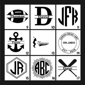 May include: A black and white image showing 10 different monogram designs. The designs include a football, an anchor, a baseball player, a circle with text, a hexagon, a circle with a decorative border, and two crossed baseball bats. The text in the image includes the names "Thomas", "David", "JFK", "Tom", "Sarah Brad Amy", "Orlando", "EST 2020", "JR", "ABC", and "Dave".
