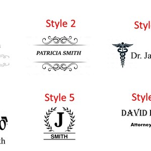 May include: Six different styles of personalized nameplate designs. The designs include a classic script font with a decorative flourish, a simple banner with a decorative flourish, a medical caduceus symbol, a graduation cap with the year 2020, a laurel wreath with a letter J, and a simple banner with the text "Attorney At Law".