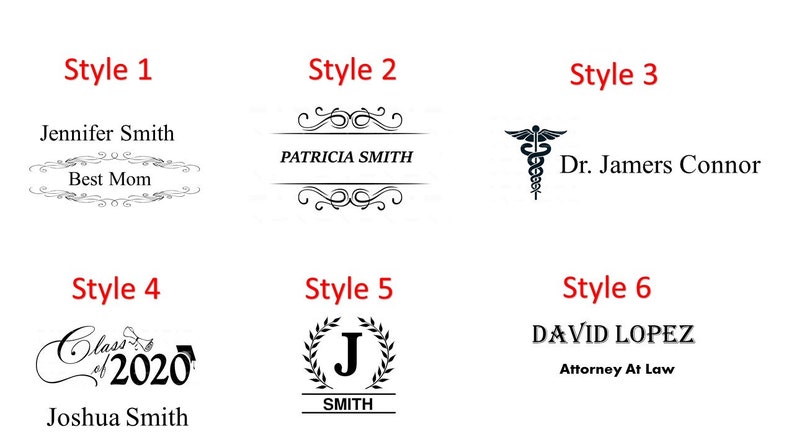 May include: Six different styles of personalized nameplate designs. The designs include a classic script font with a decorative flourish, a simple banner with a decorative flourish, a medical caduceus symbol, a graduation cap with the year 2020, a laurel wreath with a letter J, and a simple banner with the text "Attorney At Law".