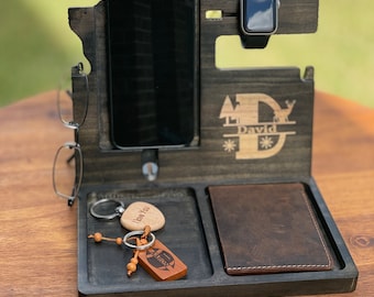 Personalized Christmas Gift for Him Cell Phone Docking Charging Station Stand Tech Accessory Desk Organizer Handmade Gift Boyfriend Man Men