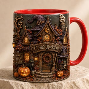 May include: A ceramic mug with a bright red interior and handle, featuring a detailed 3D-style wrap-around illustration of a spooky bookshop named Olivia's Bookshop, complete with a black cat, jack-o'-lanterns, a witch hat, and autumn leaves.