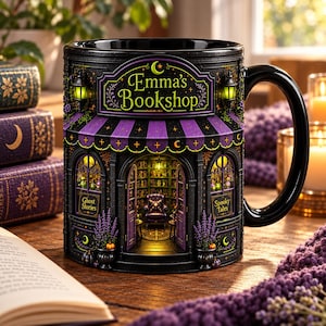 May include: A black ceramic mug featuring a detailed 3D-style illustration of a storefront labeled Emma's Bookshop. The design includes purple and black striped awnings, glowing lanterns, and windows displaying Ghost Stories and Spooky Tales.