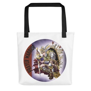 Prayer Warrior Tote Bag – Christian Faith-Inspired Bag with Female Knight in Armor | Spiritual Warrior Gift | Bible, Church, Everyday Use