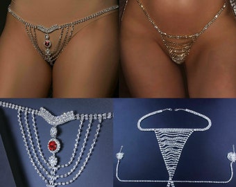 Culotte string chaîne sexy strass cristal bijoux taille pour femme