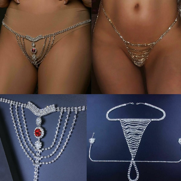 Sexy Chain Thong Panties Rhinestone Crystal Body Waist Jewelry for Women