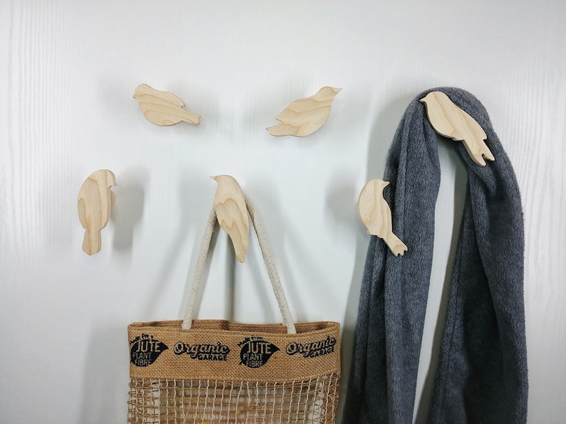 Bird themed animal wall hooks, set of 6 coat hooks, wild animals, solid oak wood, hallway hooks, robin, pigeon, sparrow, image 1