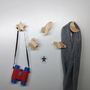 Space Themed wall hooks, set of 5 coat hooks, solid oak wood, hallway hooks, planet, robot, sun, rocket ship