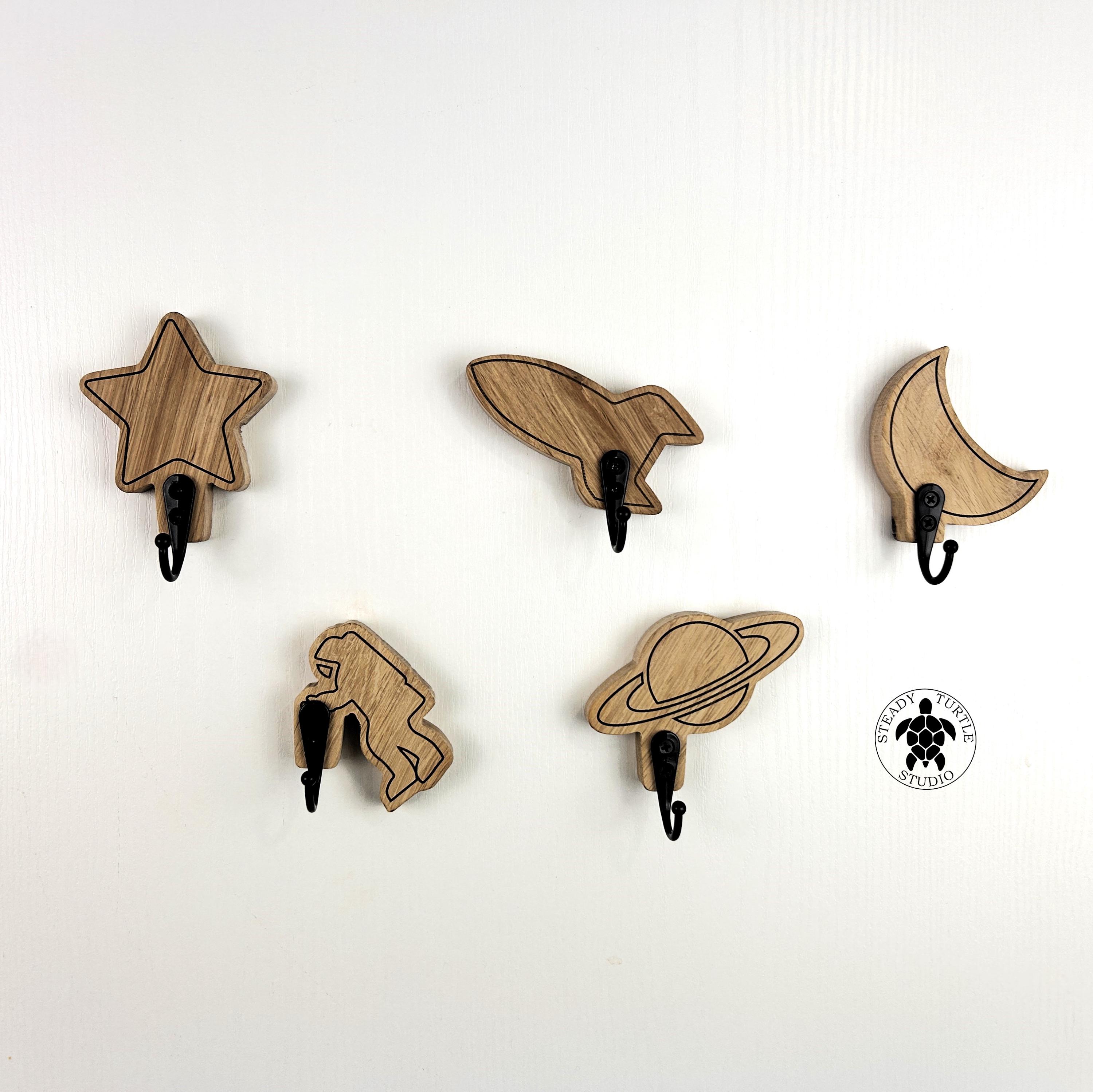 Space themed wall hooks, 5 coat hooks, solid wood hallway hooks, planet, saturn, rocket ship, star, moon, astronaut