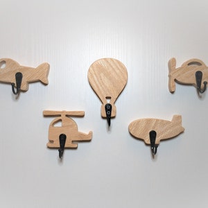 Airplane themed wall hooks, 5 coat hooks, solid wood hallway hooks, jet plane, propeller plane, blimp, hot air balloon, helicopter, air ship