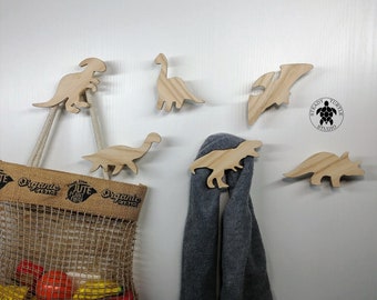 Dinosaur animal wall hooks, set of 6 coat hooks, wild animals, solid oak wood, hallway hooks, brontosaurus, triceratops, tyrannosaurus