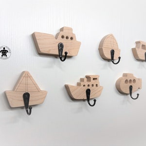 Boat Ship themed solid oak wall hooks, 6 coat hooks, wood ships, solid wood, hallway hooks, tug boat, cargo ship, sailboat, ferry, submarine