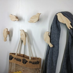 Bird themed animal wall hooks, set of 6 coat hooks, wild animals, solid oak wood, hallway hooks, robin, pigeon, sparrow, image 3