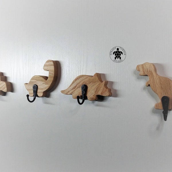 Dinosaur animal wall hooks, coat hooks, wild animals, solid oak wood, hallway hooks, brontosaurus, triceratops, tyrannosaurus, ankylosaurus