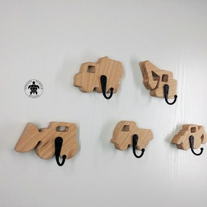 Construction trucks wall hooks, 5 coat hooks, wood cars, solid wood, hallway hooks, bulldozer, cement mixer, dump truck, excavator, backhoe