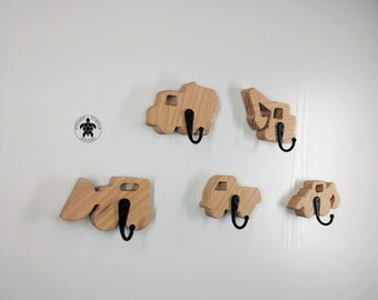 Construction trucks wall hooks, 5 coat hooks, wood cars, solid wood, hallway hooks, bulldozer, cement mixer, dump truck, excavator, backhoe