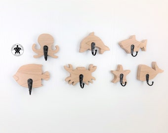 Sea Animal themed solid oak wall hooks, 7 coat hooks, solid wood, hallway hooks, octopus, shark, whale, dolphin, crab, fish, starfish