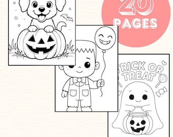 Op de afbeelding: Een Halloween kleurboek met een lachende puppy op een pompoen, een Frankenstein-achtig karakter met een ballon en een spook met een pompoen. Het boek heeft 20 pagina's, met een rij kleurpotloden eronder.