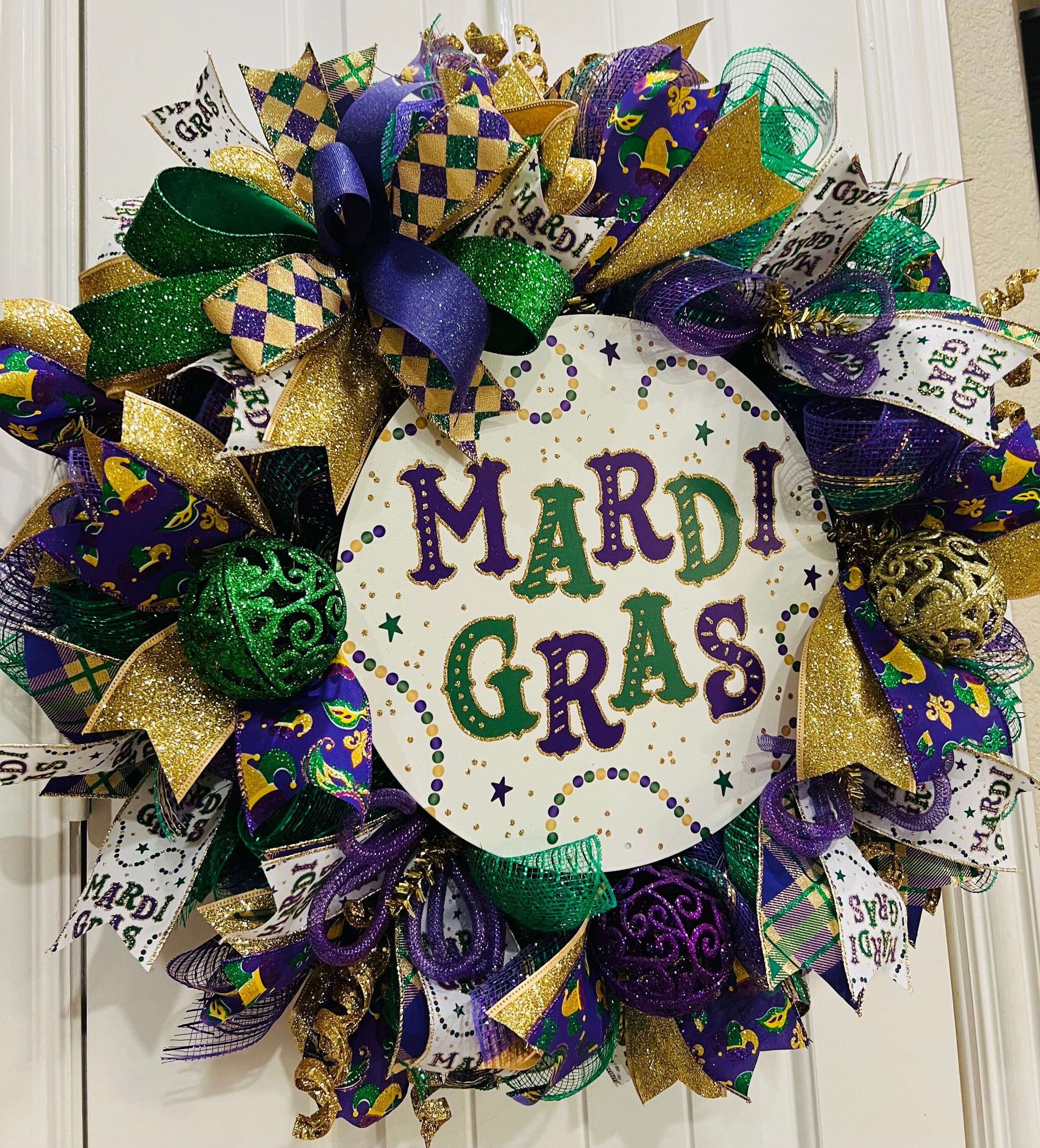 Mardi Gras Tree Ornaments Purple Green Gold stripe 6 pc