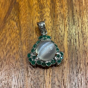 Natural Moon Stone with Emerald Silver Pendent  AAA + Quality