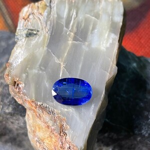 Könnte beinhalten: Ein tiefblauer ovaler Edelstein auf einem weißen Stein mit braunen Markierungen.