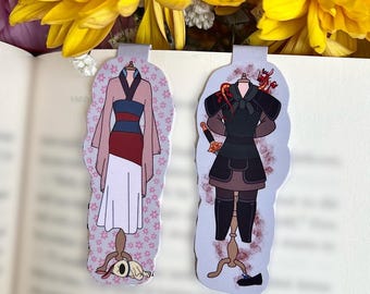 Vestido de Mulán, guerrera o abanico: Marcapáginas magnético o pegatinas