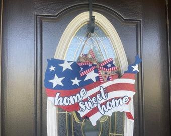 3D Home Sweet Home Flag Door Hanger | Fourth of July Decor | Summer Wood Door Sign | Americana Decor | Patriotic Door Hanger