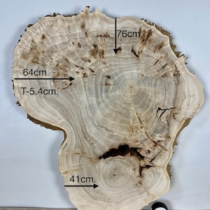 May include: A light-coloured, irregularly shaped wooden slab, 64cm wide, 76cm long, and 5.4cm thick. The wood grain is visible, with dark brown markings and a natural edge. A measuring tape is included for scale.