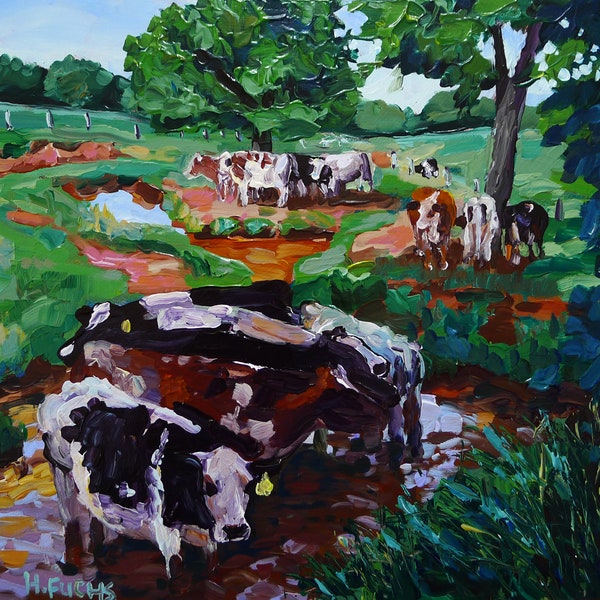 Original Acrylic Landscape Painting - Dairy Cow Painting - Expressionist Painting - 12"x13.5"