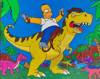 Tableau de Simpson : « Homer chevauche un T-Rex au combat »