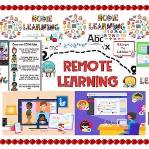 May include: A colorful illustration depicting the concept of remote learning. The image features various elements related to online education, including laptops, tablets, and a whiteboard with the words "Remote Learning" written in bold red letters. There are also several smaller images of students, teachers, and classroom supplies. The overall theme of the image is to promote the idea of learning from home.