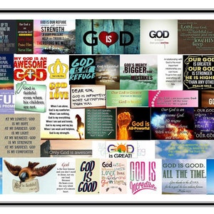Puede incluir: Un collage de imágenes coloridas con citas inspiradoras sobre Dios. Las imágenes presentan una variedad de estilos, incluyendo escenas de la naturaleza, diseños abstractos y símbolos religiosos. Las citas son todas positivas y alentadoras, y se centran en el poder y el amor de Dios.