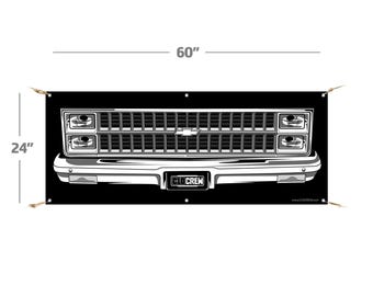May include: Black and white illustration of a vintage Chevrolet pickup truck grille with the text "C10 Crew" on the license plate. The banner is 60 inches wide and 24 inches tall.