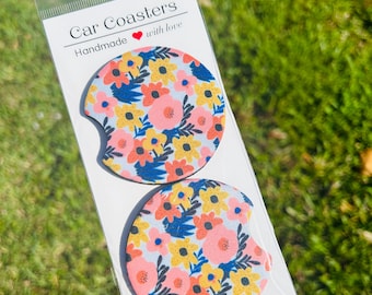 Floral Car Coasters Set of 2 | Bright Retro Flower Car Accessories | Handmade Absorbent Cup Holder Coasters | Cute Boho Car Decor for Women