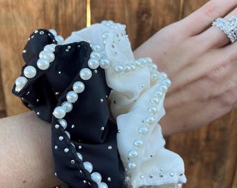 Embellished Rhinestone Pearl Scrunchie | Hair Elastic Tie | Womens Accessories | Bridal Wear | Bridesmaid Gifts