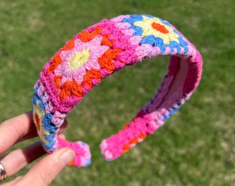 Hot Pink Colorful Flower Crochet Headband | Floral Knitted Hairpiece | Women’s | Girls | 70’s Inspired | Whimsical Accessories | Summer Boho