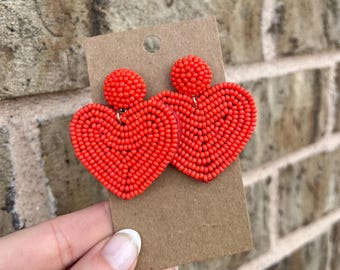 Bright Red Beaded Heart Dangle Earrings | Valentines Day Earrings | Christmas