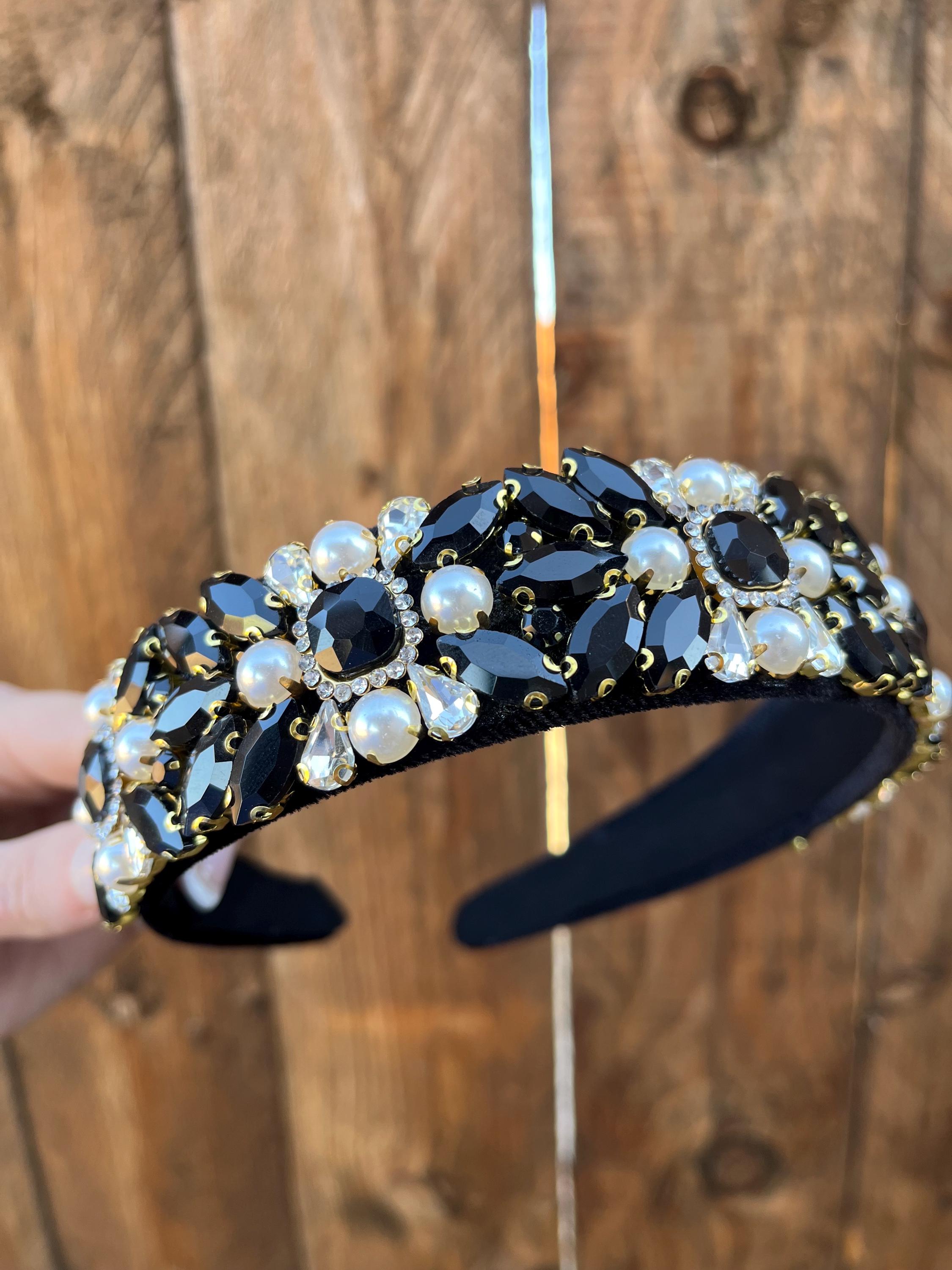 New black velvet and pearl , stones headband black-velvet-wrapped-pearl-  main image 4