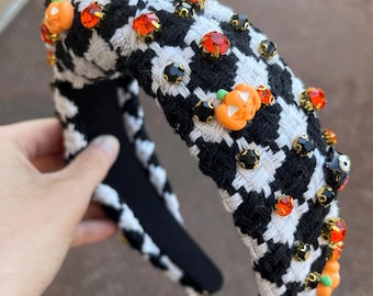 Black and White Tweed Halloween Orange Jeweled Knot Headband | Seasonal Accessories