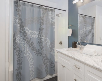 Gray Pikake Lei Shower Curtain, Hand-Drawn Floral Design