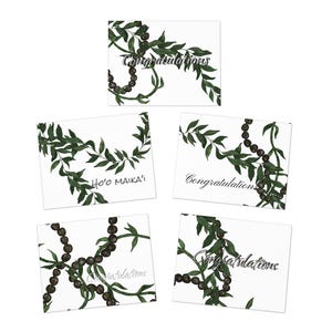 Gefeliciteerd Hoomaikai-wenskaartenset van 5- Kukui Nut, Maile en Ti Leaf Lei, For Him, Kane, Island Inspired Stationary