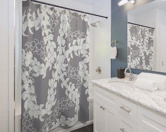 Puakenikeni Flower Lei Shower Curtain, Gray Floral Silhouette