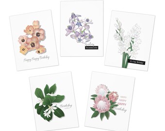 Greeting Card Set- Floral Happy Birthday: Hau, Crown Flower, Tuberose, Naupaka, Protea, Variety Pack of 5, Hawaii Artist, Hand Illustrated